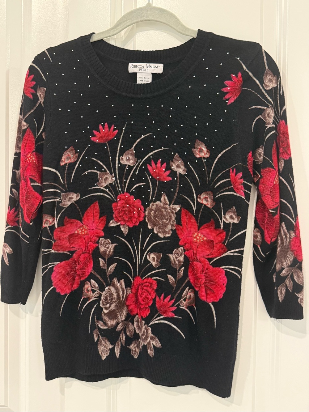 Vintage Rebecca Malone Petite Black Sweater with Red and Brown Floral Embroidery